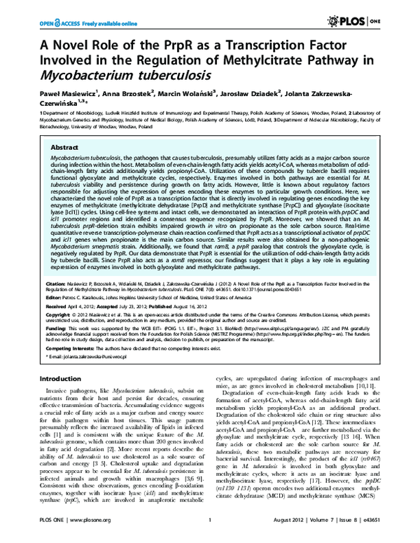 (PDF) A Novel Role of the PrpR as a Transcription Factor Involved in ...