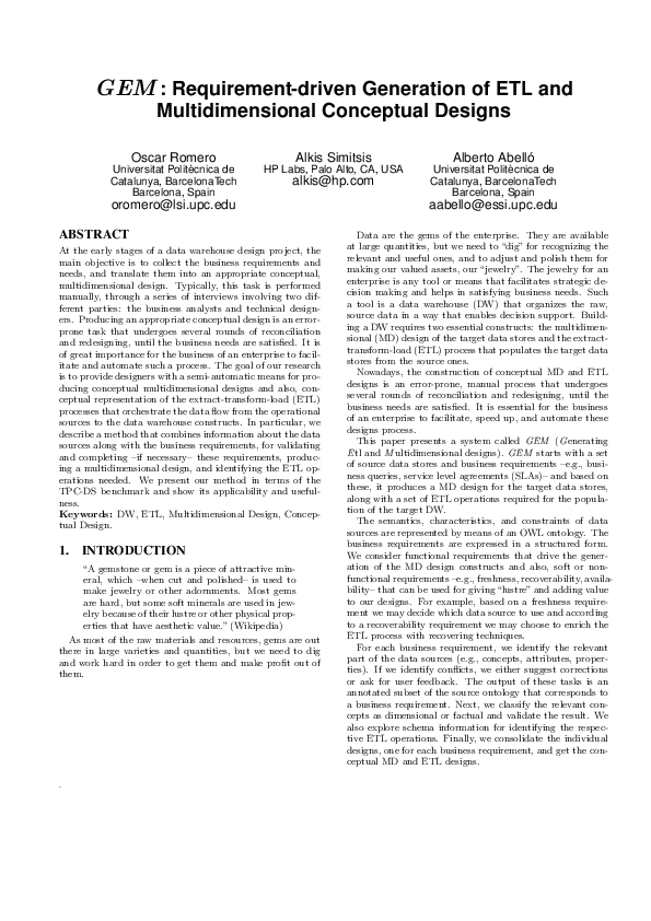 (PDF) GEM Requirementdriven generation of ETL and multidimensional