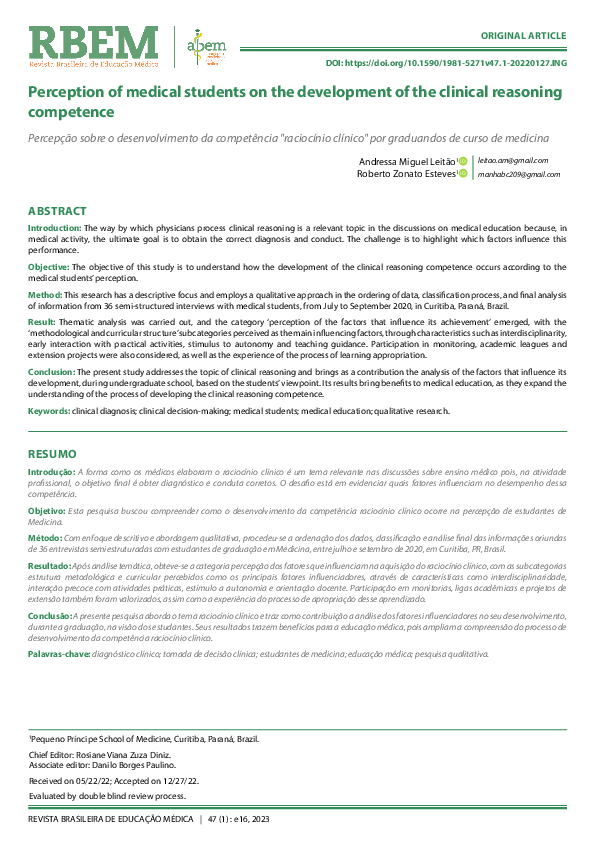 (PDF) Perception of medical students on the development of the clinical ...