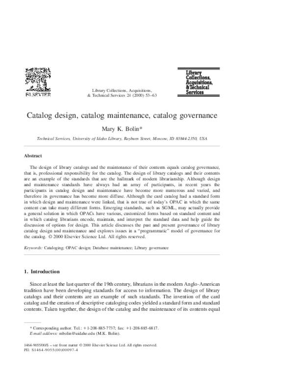 (PDF) Catalog design, catalog maintenance, catalog governance Mary