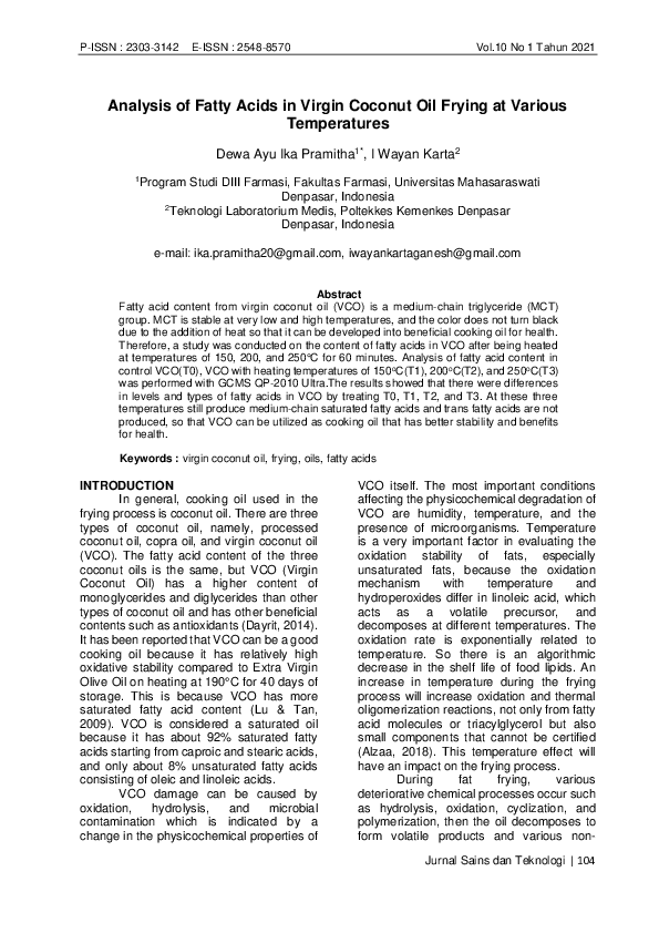 (PDF) Analysis of Fatty Acids in Virgin Coconut Oil Frying at Various ...