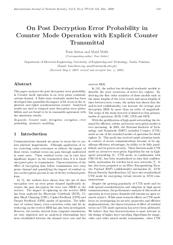 (PDF) On Post Decryption Error Pobability in Counter Mode Operation ...