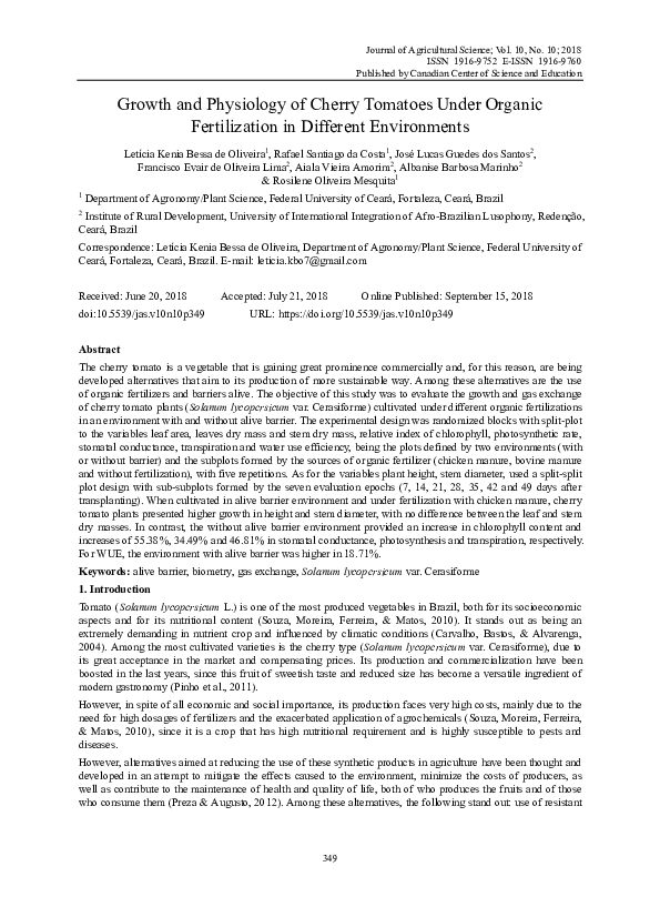 (PDF) Growth and Physiology of Cherry Tomatoes Under Organic ...