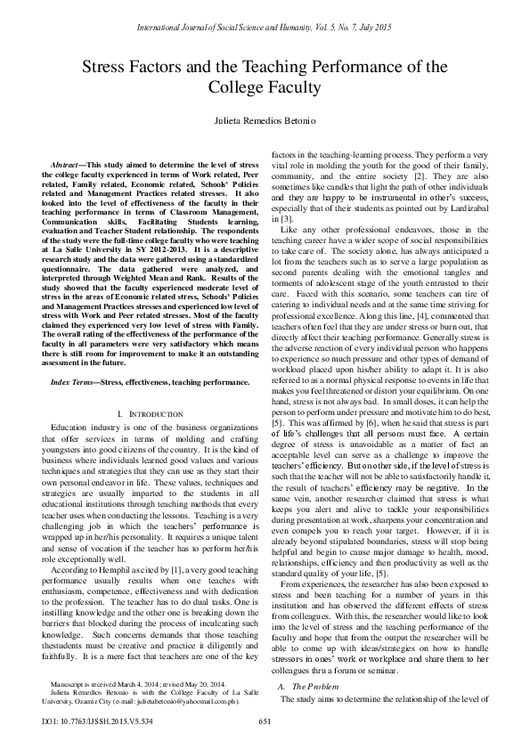 (PDF) Stress Factors and the Teaching Performance of the College Faculty