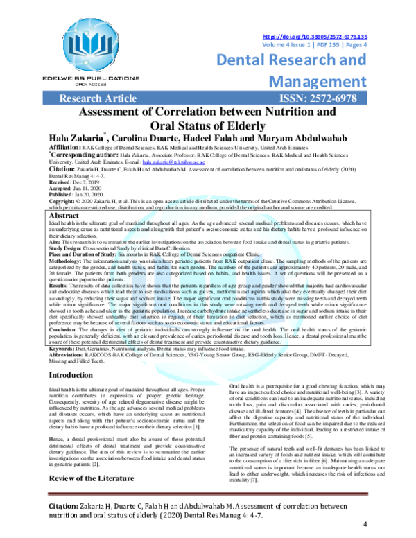 (PDF) Assessment of Correlation between Nutrition and Oral Status of ...