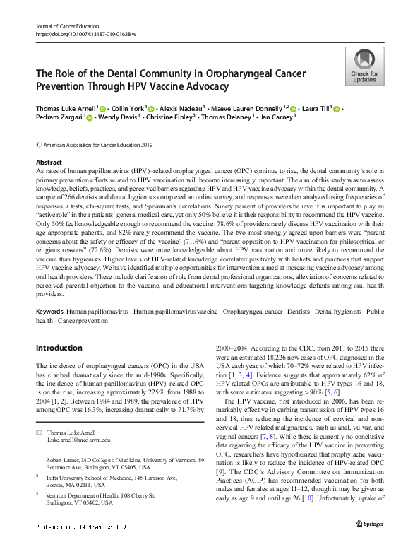 (PDF) The Role of the Dental Community in Oropharyngeal Cancer ...
