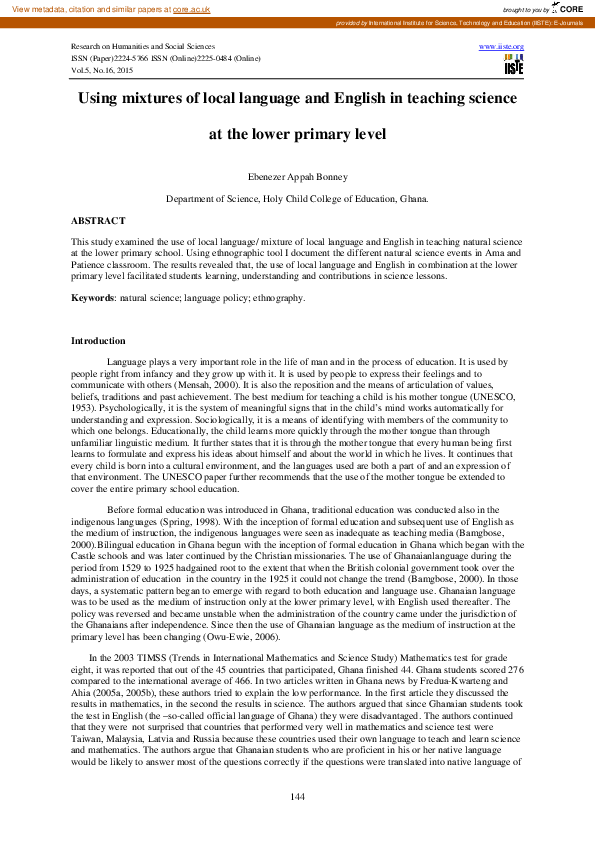 (PDF) Using mixtures of local language and English in teaching science ...