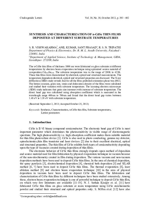 (PDF) SYNTHESIS AND CHARACTERIZATION OF n-CdSe THIN FILMS DEPOSITED AT ...