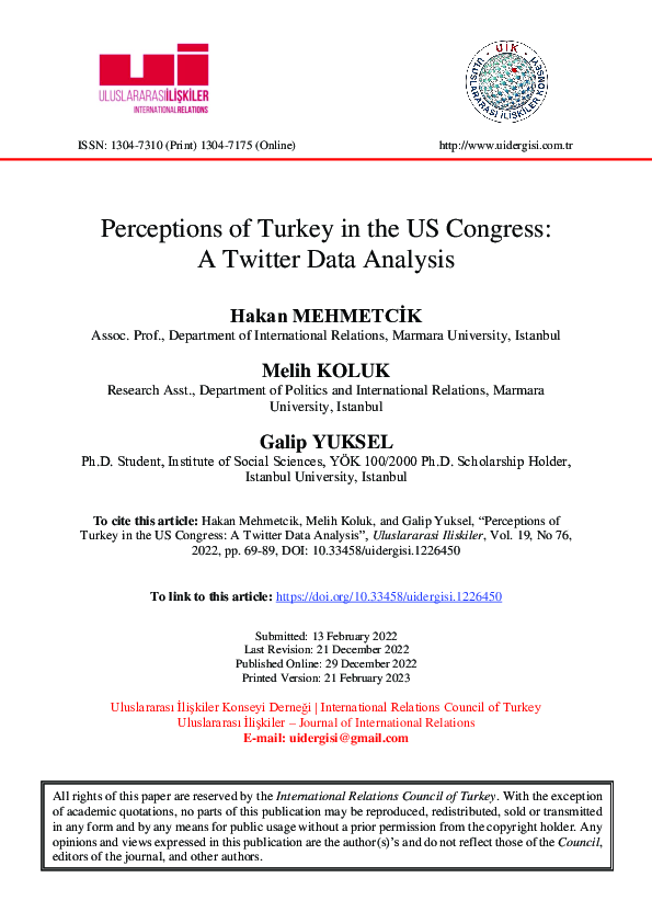 (PDF) Perceptions of Turkey in the US Congress: A Twitter Data Analysis