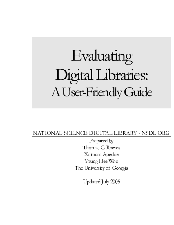 (PDF) Evaluating digital libraries: a user-friendly guide