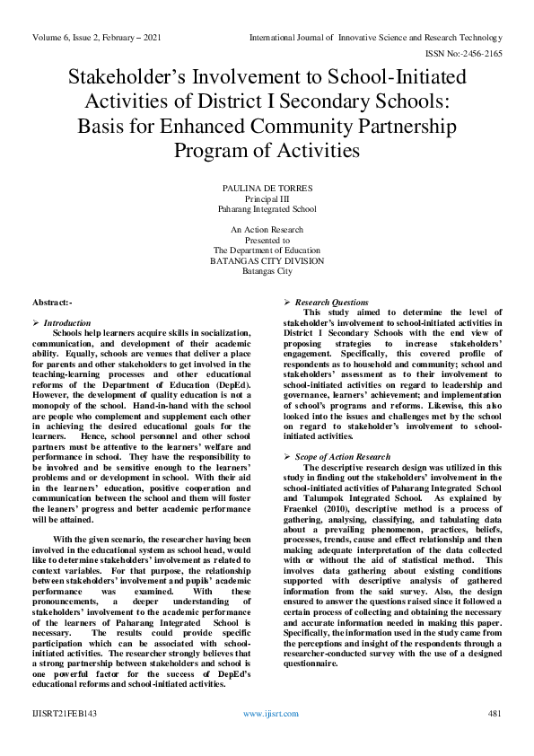(PDF) Stakeholder’s Involvement to School-Initiated Activities of ...