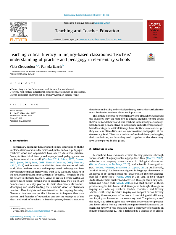 (PDF) Teaching critical literacy in inquiry-based classrooms: Teachers ...