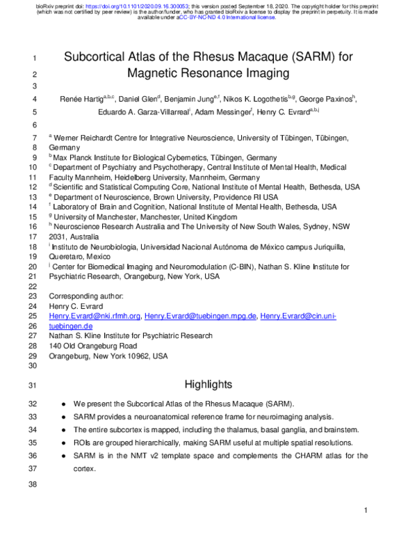 (PDF) Subcortical Atlas of the Rhesus Macaque (SARM) for Magnetic ...