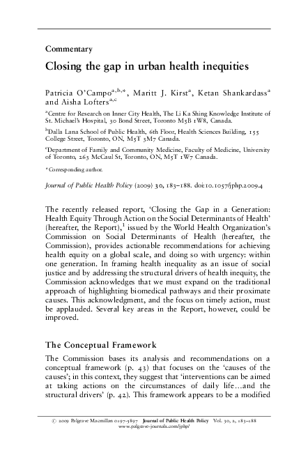 (PDF) Closing the gap in urban health inequities