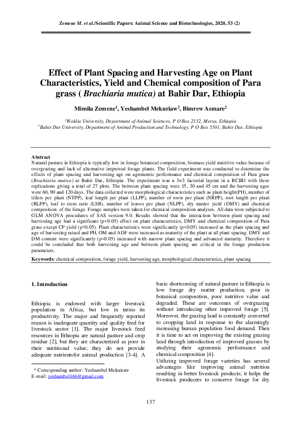 (PDF) Effect of plant spacing and harvesting age on plant ...