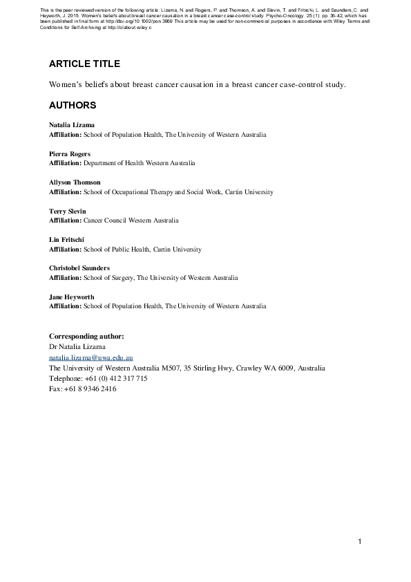 (PDF) Women's beliefs about breast cancer causation in a breast cancer ...