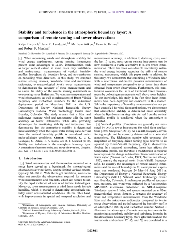 (PDF) Stability and turbulence in the atmospheric boundary layer: A ...