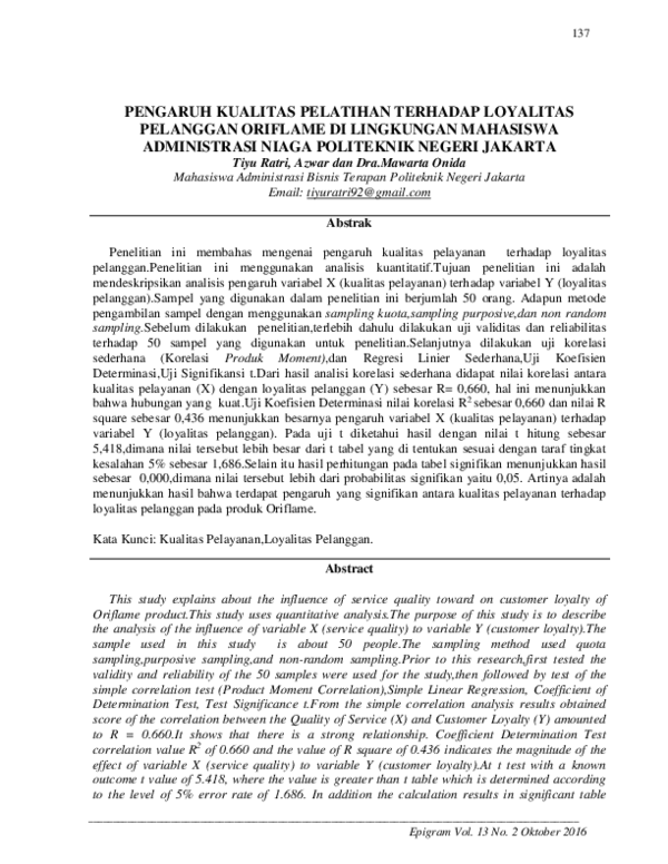(PDF) Pengaruh Kualitas Pelatihan Terhadap Loyalitas Pelanggan Oriflame ...