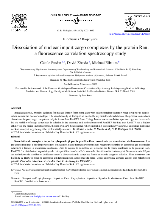 (PDF) Dissociation of nuclear import cargo complexes by the protein Ran ...