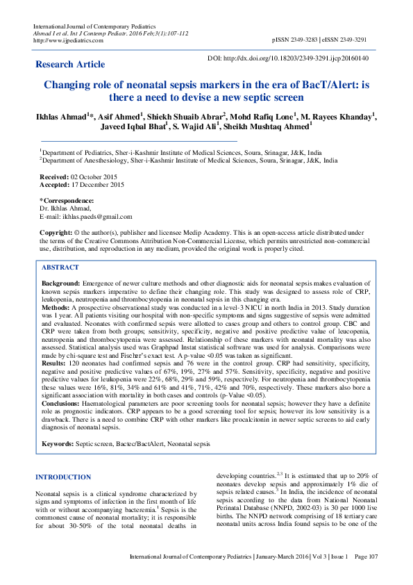 (PDF) Changing role of neonatal sepsis markers in the era of BacT/Alert ...