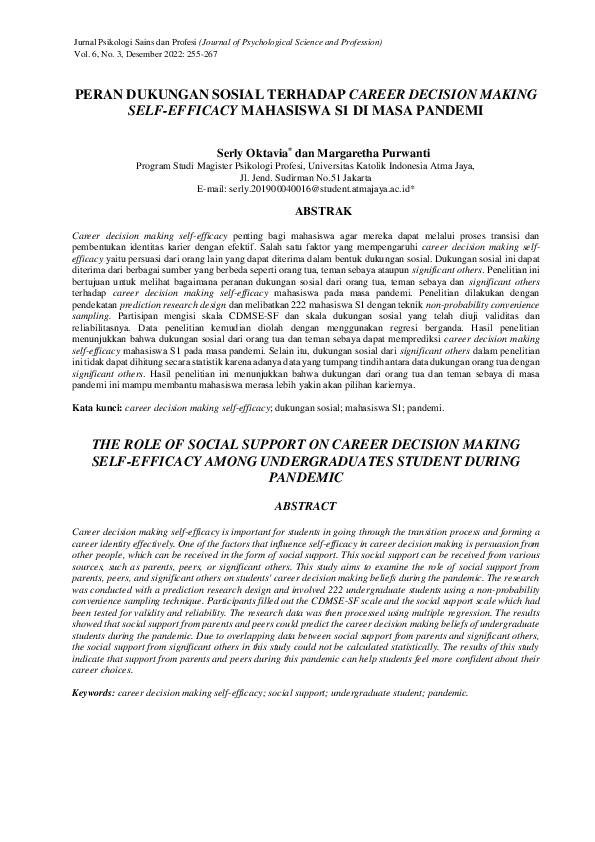 (PDF) Peran Dukungan Sosial Terhadap Career Decision Making Self ...