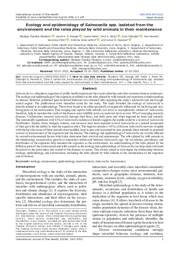 (PDF) Ecology and epidemiology of Salmonella spp. isolated from the ...