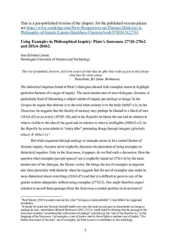(PDF) Using Examples in Philosophical Inquiry: Plato’s Statesman 277d1 ...