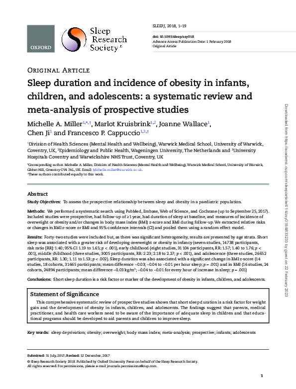 (PDF) Sleep Duration and Incidence of Obesity in Infants, Children and ...