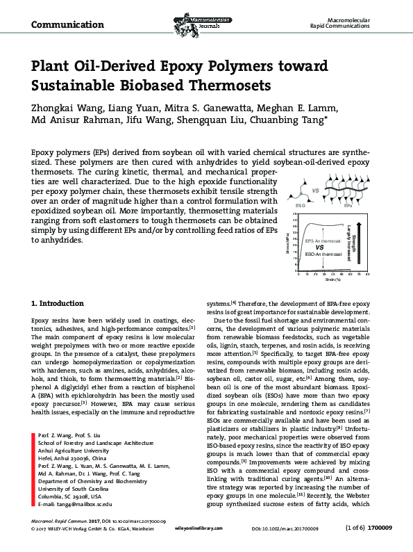 (PDF) Plant OilDerived Epoxy Polymers toward Sustainable Biobased Thermosets Liang Yuan