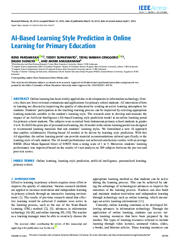 (PDF) AI-Based Learning Style Prediction in Online Learning for Primary ...