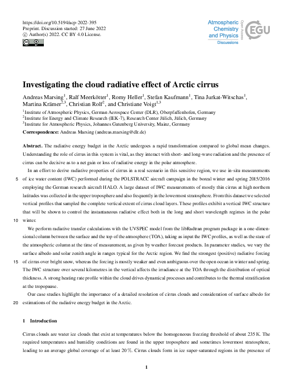 (PDF) Investigating the cloud radiative effect of Arctic cirrus