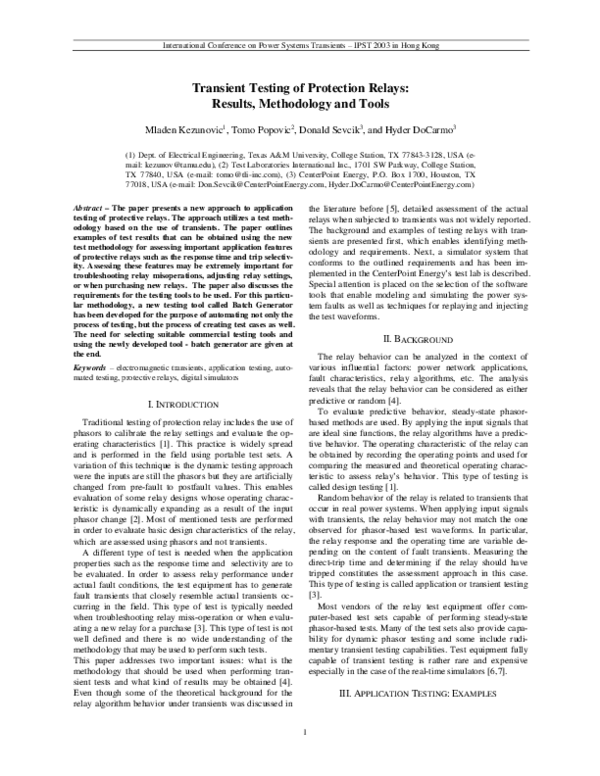 (PDF) Transient Testing of Protection Relays: Results, Methodology and ...