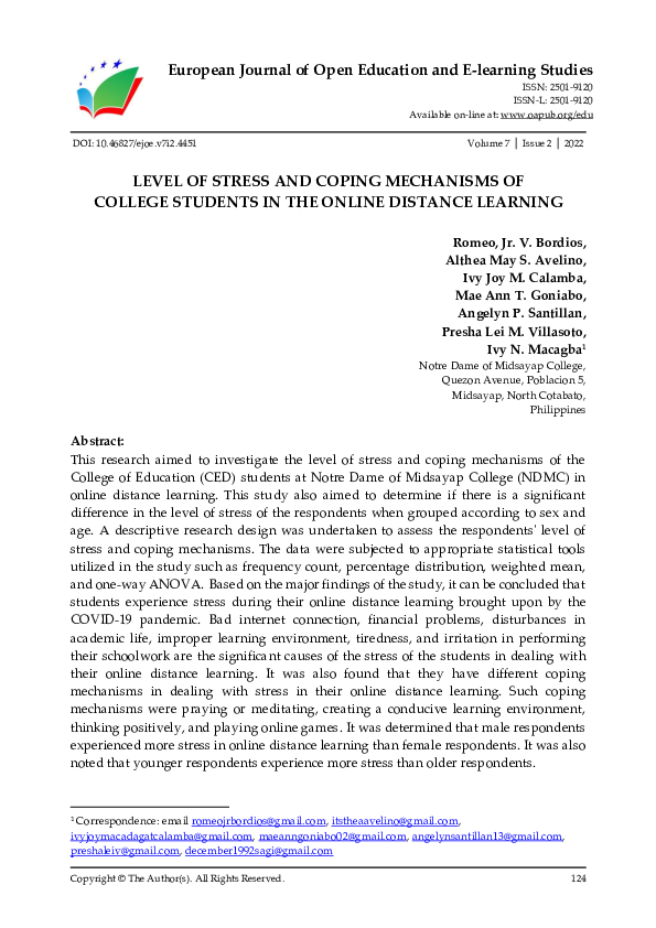 (PDF) Level of Stress and Coping Mechanisms of College Students in the ...