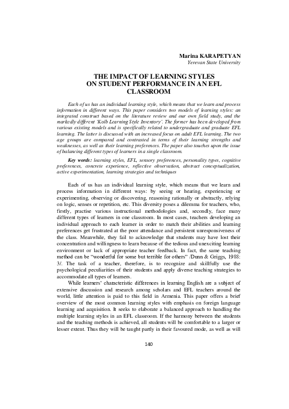 (PDF) The Impact of Learning Styles on Student Performance in an Efl ...