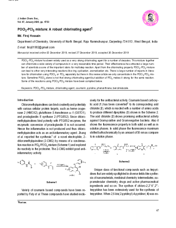(PDF) POCl3 PCl5 mixture A robust chlorinating agent† Firoj Hossain