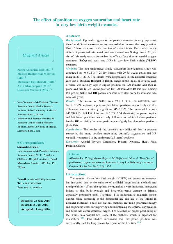 (PDF) Effects of position on oxygen saturation and heart rate in very ...