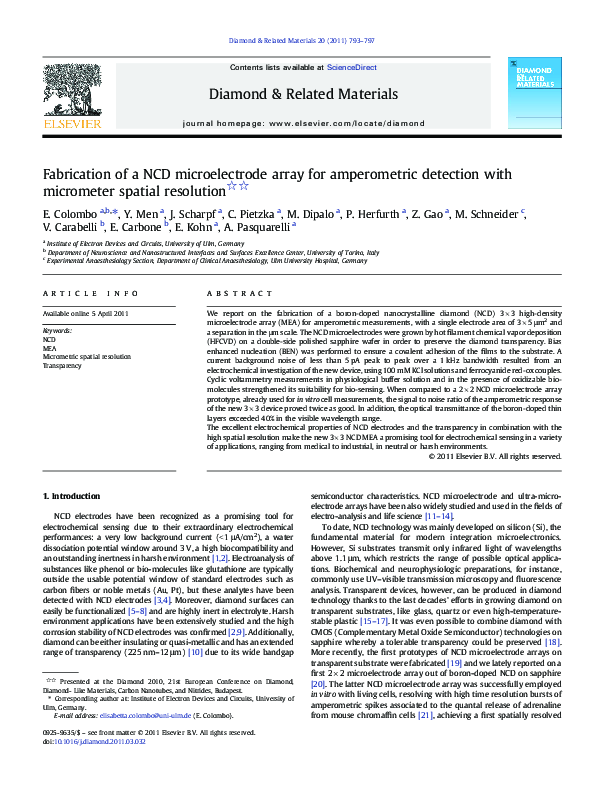 (PDF) Fabrication of a NCD microelectrode array for amperometric ...