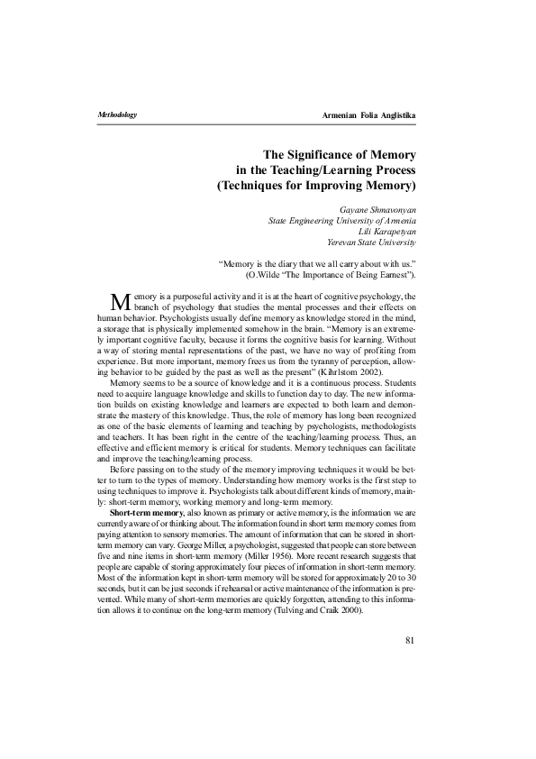 (PDF) The Significance of Memory in the Teaching/Learning Process