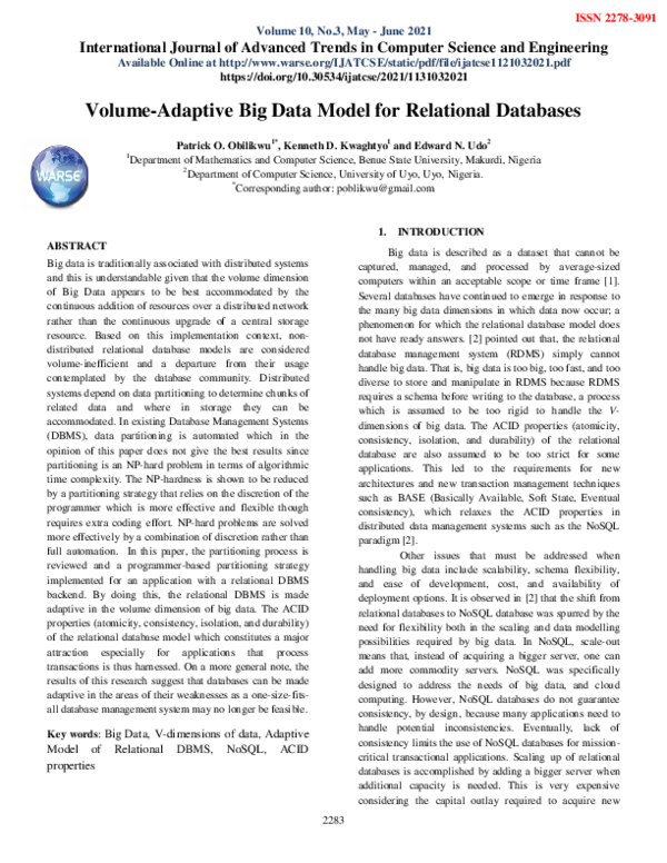 (PDF) Volume-Adaptive Big Data Model for Relational Databases