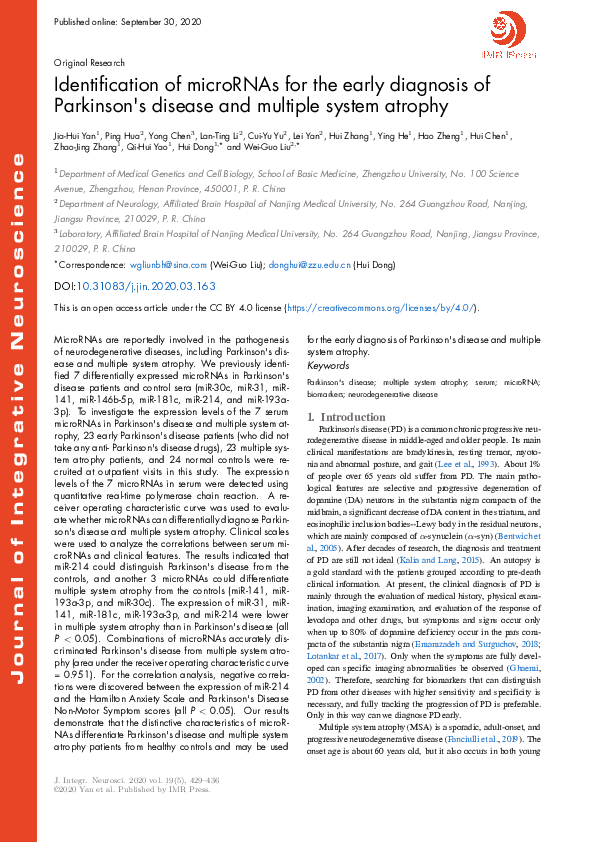 (PDF) Identification of microRNAs for the early diagnosis of Parkinson ...