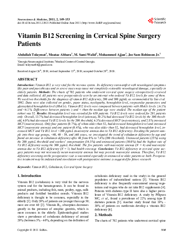 (PDF) Vitamin B12 Screening in Cervical Spine Surgery Patients Joe