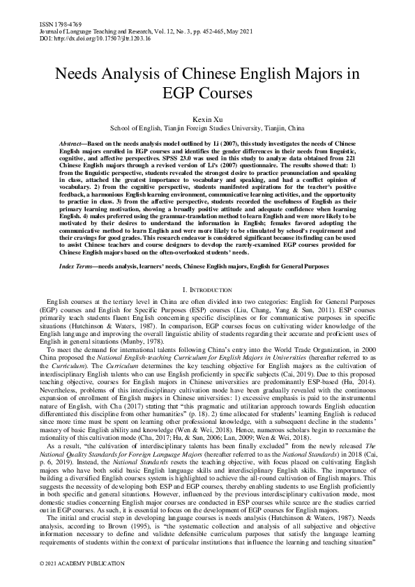 (PDF) Needs analysis of Chinese English majors in EGP courses