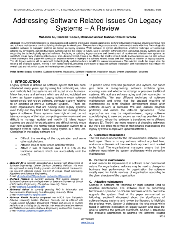 (PDF) Addressing Software Related Issues On Legacy Systems – A Review