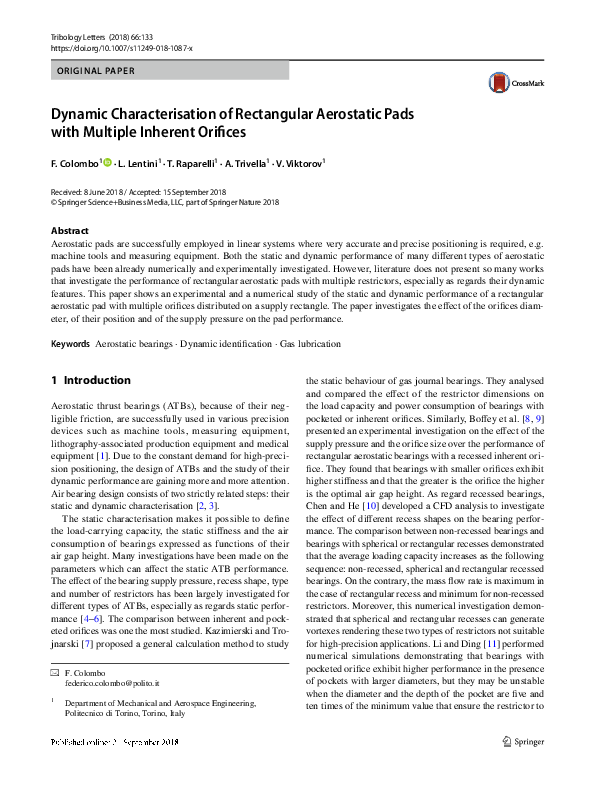 (PDF) Dynamic Characterisation of Rectangular Aerostatic Pads with ...