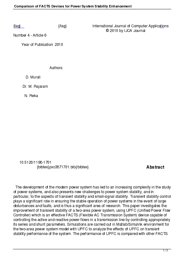 (PDF) Comparison of FACTS Devices for Power System Stability Enhancement