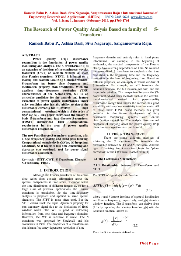 (PDF) The Research of Power Quality Analysis Based on family of S-Transform