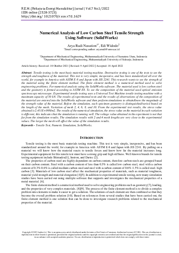 (PDF) Numerical Analysis of Low Carbon Steel Tensile Strength Using ...