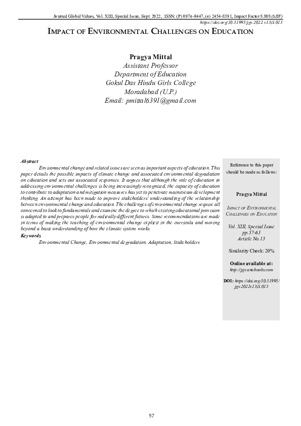 (PDF) IMPACT OF ENVIRONMENTAL CHALLENGES ON EDUCATION