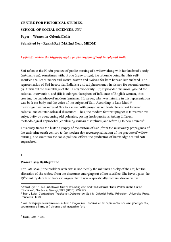 (PDF) Historiography on the custom of Sati in colonial India