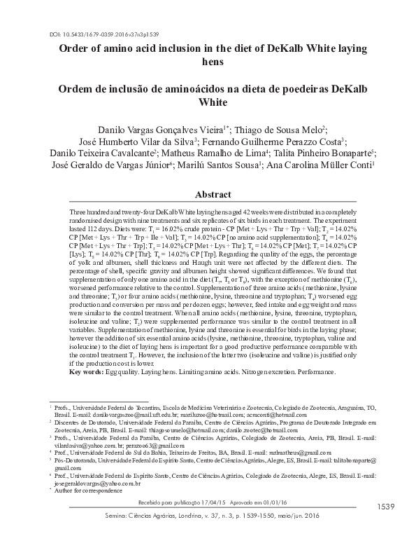 (PDF) Order of amino acid inclusion in the diet of DeKalb White laying hens